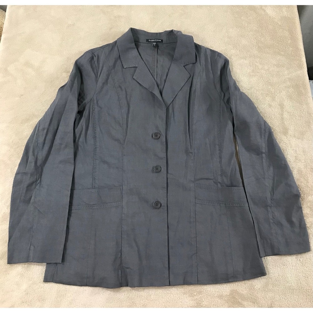 Eileen Fisher Women Gray Linen Viscose Blend Blazer Jacket Italian Fabric 10 EUC